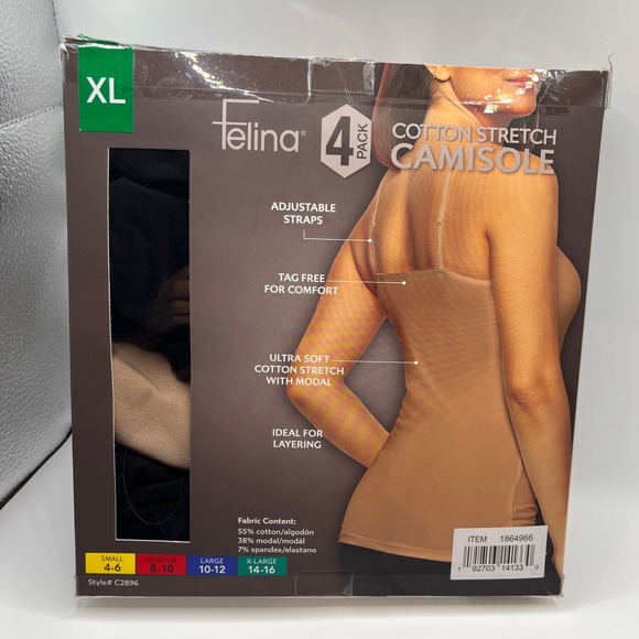 Felina 4 Pack Cotton Stretch Camisole Women's XL Beige Black Tank Top Layering - Picture 2 of 6